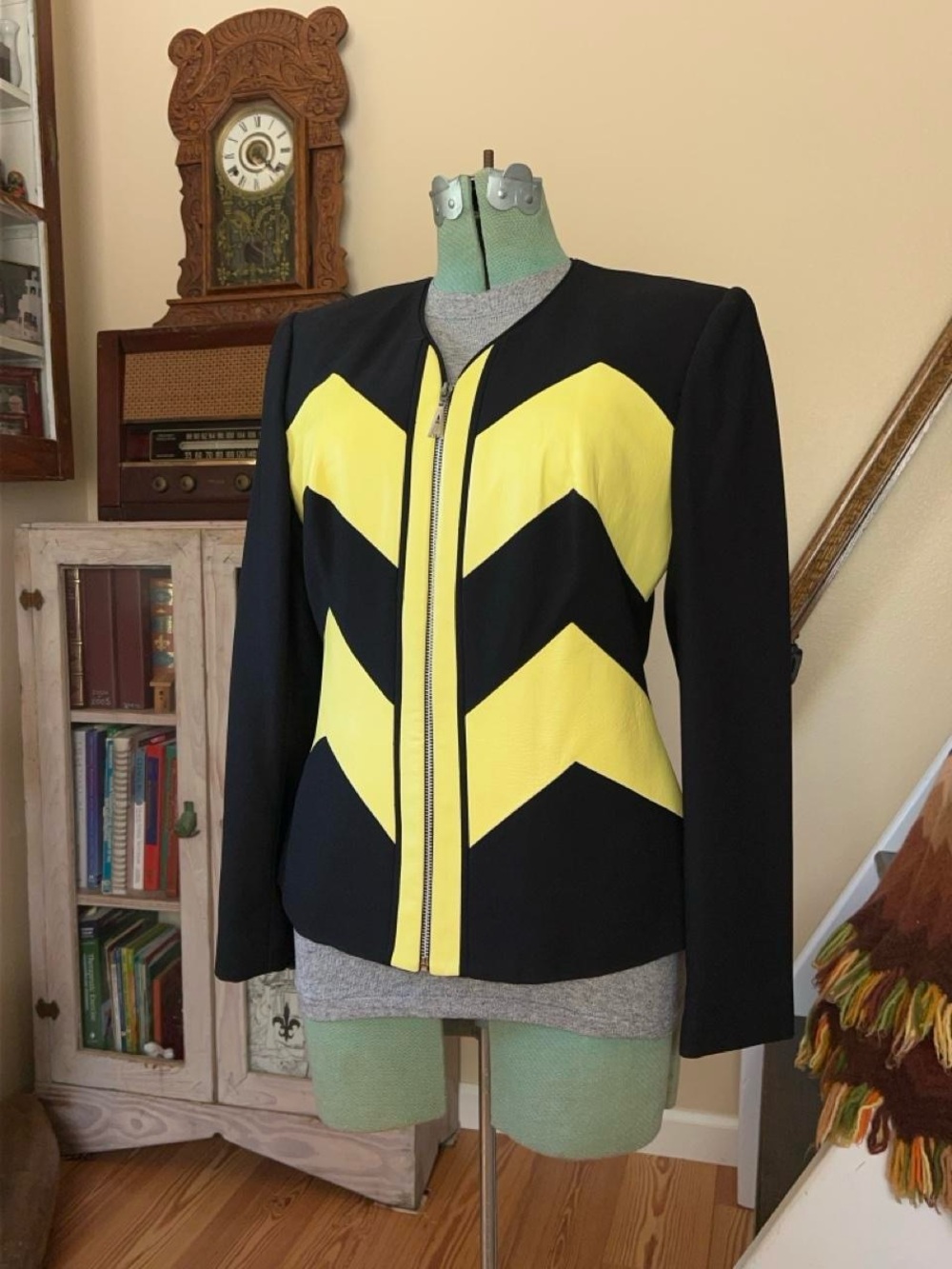 Vintage 80s Alberto Makali Yellow Patchwork Zigzag Leather Fitted Zip up Blazer